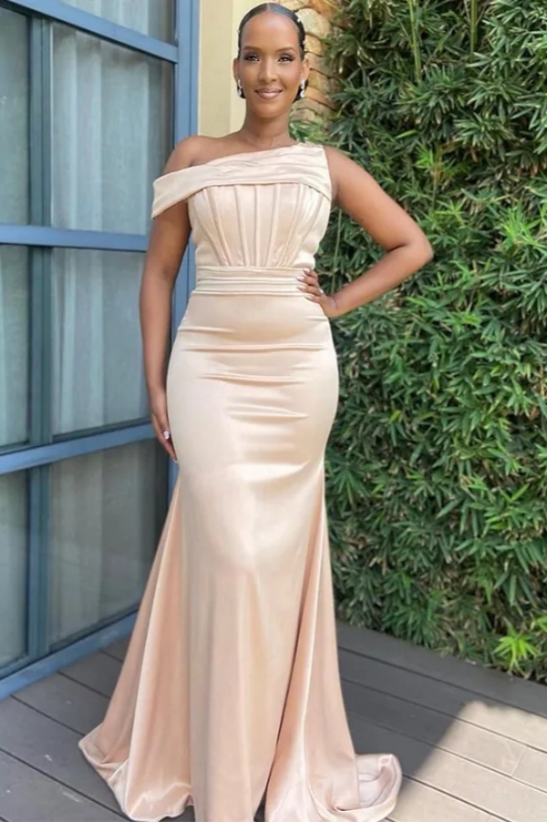 Asymmetrical Sleeveless Satin Bridesmaid Dresses Sheath Floor Length Evening Dress