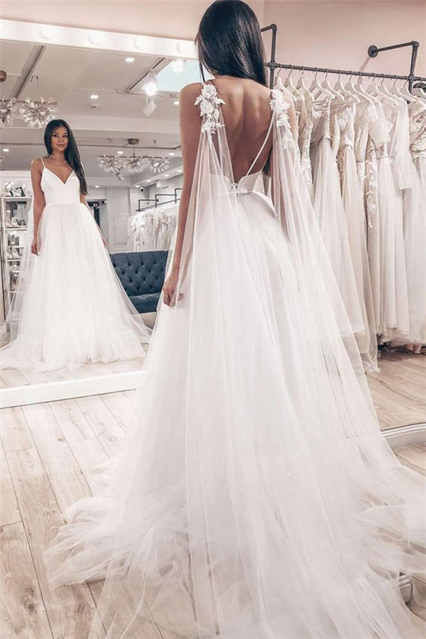 Backless A-Line Tulle Spaghetti Strap Wedding Dress