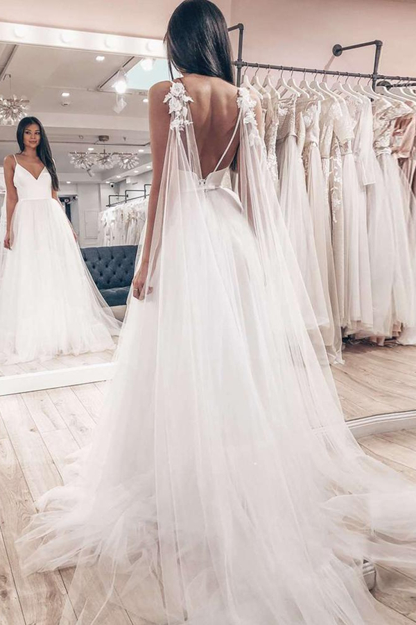 Backless A-Line Tulle Spaghetti Strap Wedding Dress