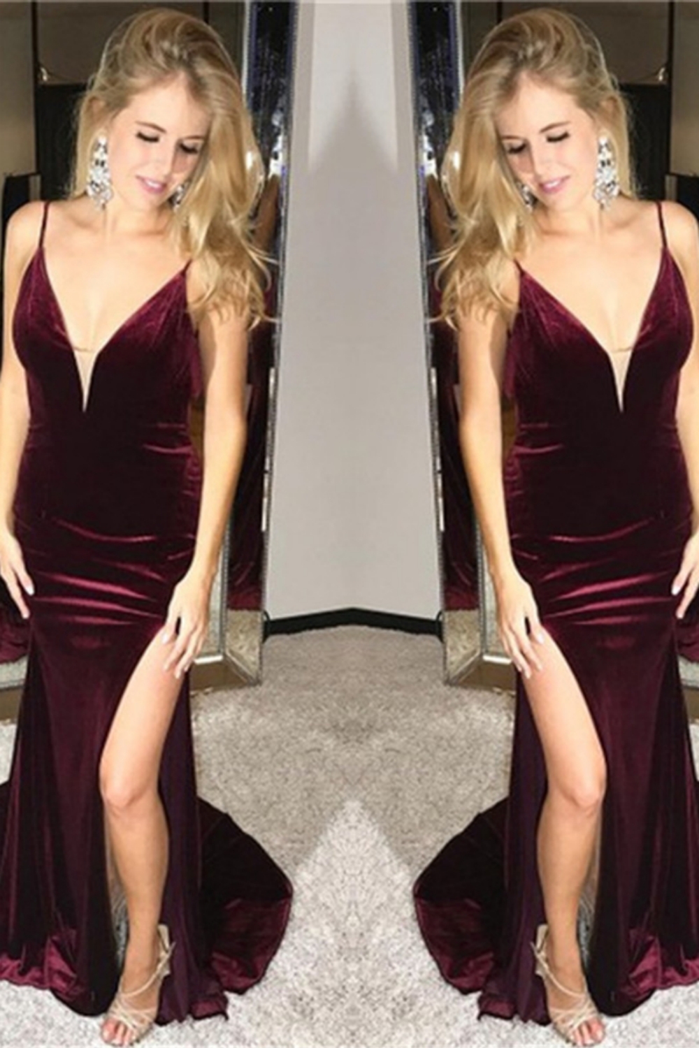 Backless Burgundy Velvet Evening Dress Sexy Slit Formal Dress
