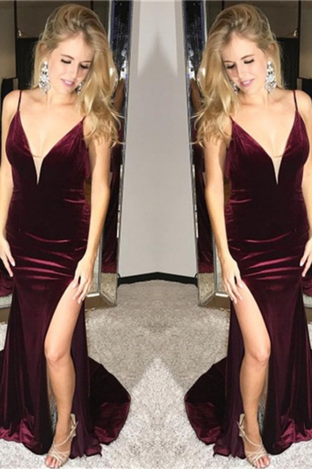 Backless Burgundy Velvet Evening Dress Sexy Slit Formal Dress