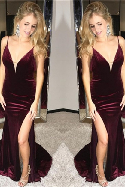 Backless Burgundy Velvet Evening Dress Sexy Slit Formal Dress