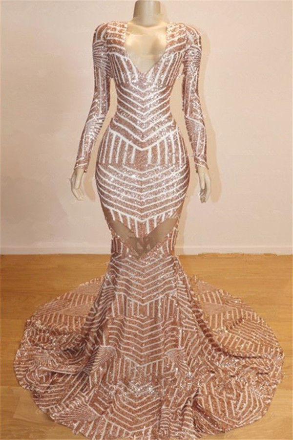 Backless Sparkle Sequins Mermaid Prom Dress | Long Sleeve V-Neck Evening Gown