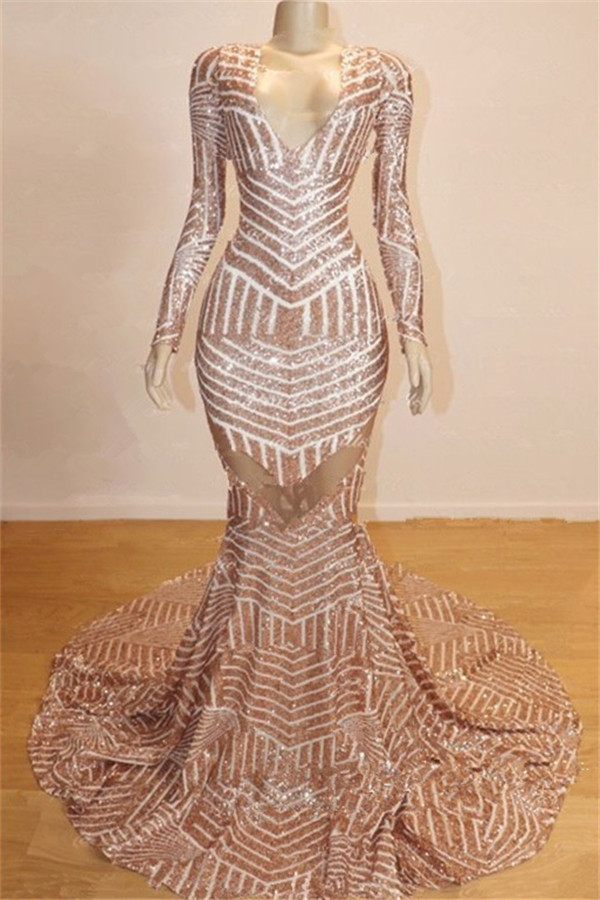 Backless Sparkle Sequins Mermaid Prom Dress | Long Sleeve V-Neck Evening Gown