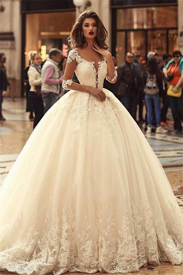 Ball Gown Court Train Applique Tulle Wedding Dress with Sleeves