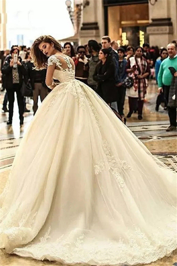 Ball Gown Court Train Applique Tulle Wedding Dress with Sleeves