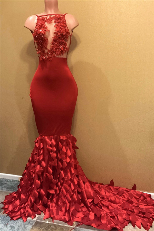 Beaded Lace Appliqué Red Mermaid Prom Dress
