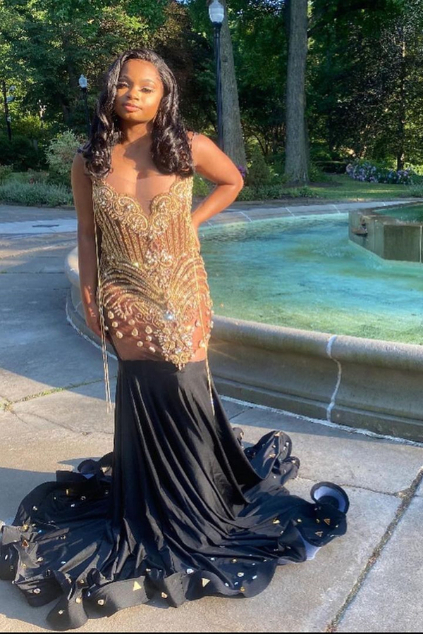 Beaded Mermaid Evening Gown Glitter Sleeveless Long Prom Dress