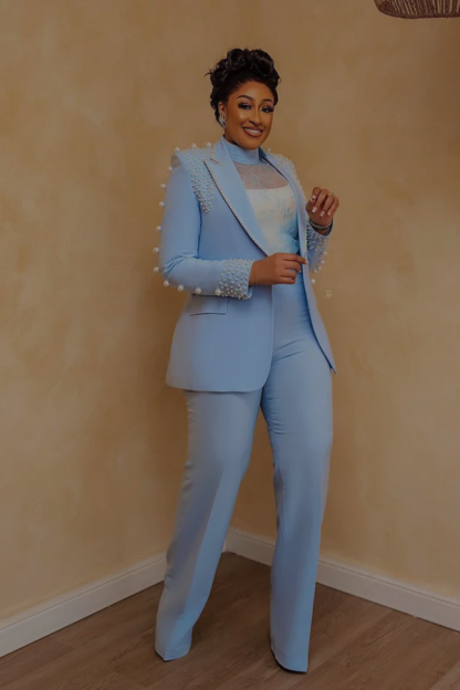Luxury Beading Pearls Blazer Pants Women Suits 2 Pieces with Peaked Lapel