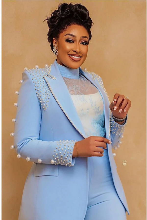 Luxury Beading Pearls Blazer Pants Women Suits 2 Pieces with Peaked Lapel