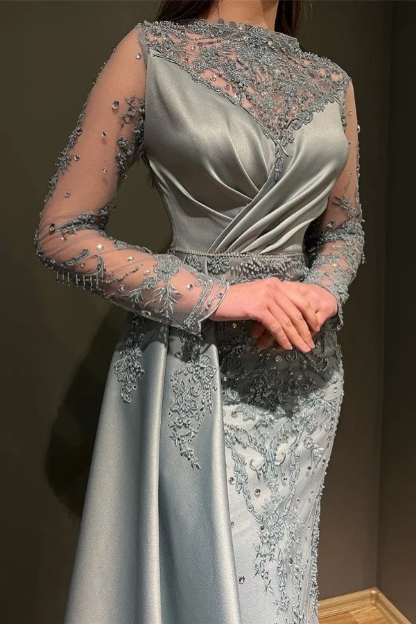 Beautiful Long Satin Lace Evening Dress Prom Dress with Sleeves