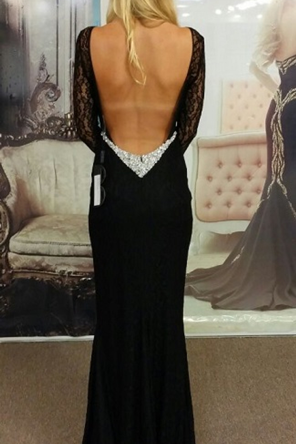 Black Bateau Spandex Evening Dress Backless Long Sleeves Prom Dress