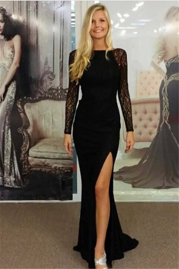 Black Bateau Spandex Evening Dress Backless Long Sleeves Prom Dress