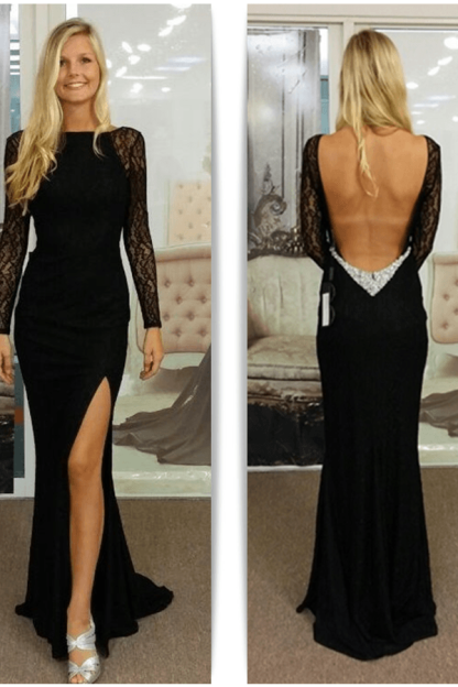 Black Bateau Spandex Evening Dress Backless Long Sleeves Prom Dress