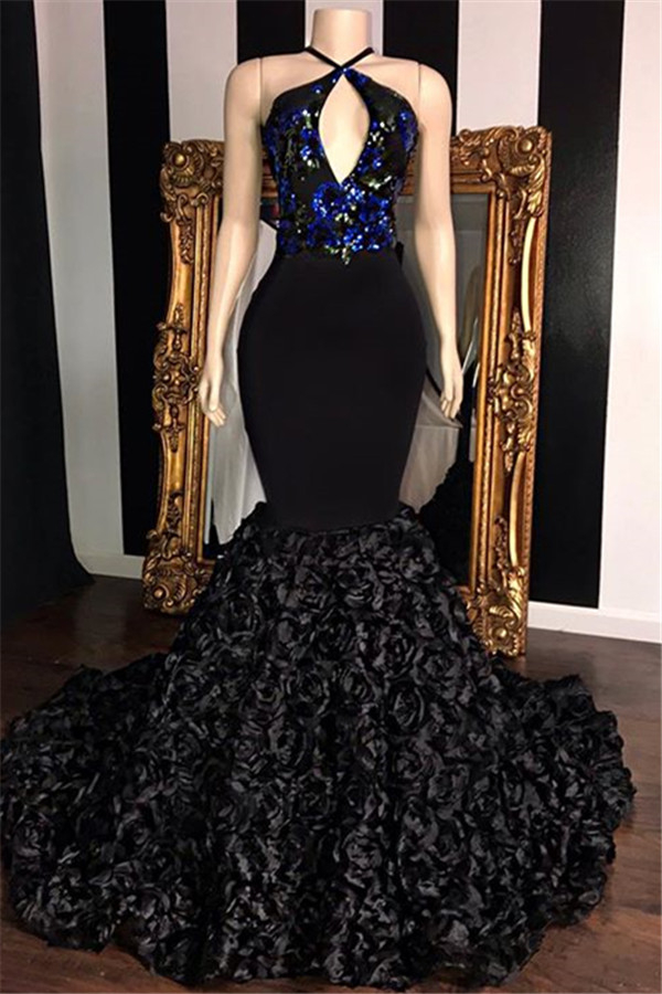 Black Flower Mermaid Prom Dress with Spaghetti Straps Sexy Sleeveless Keyhole Party Dress