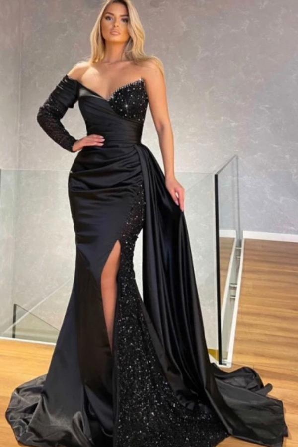 Black Long Lace Evening Dress with Sleeves | Side Split Long Lace Prom Dress