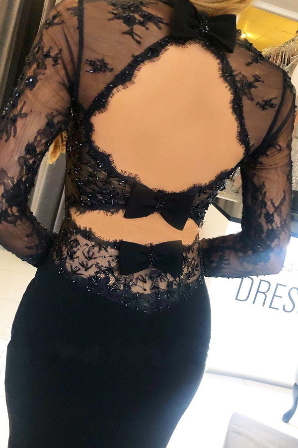 Black Long Sleeves Mermaid Prom Dress Floor Length Evening Dress