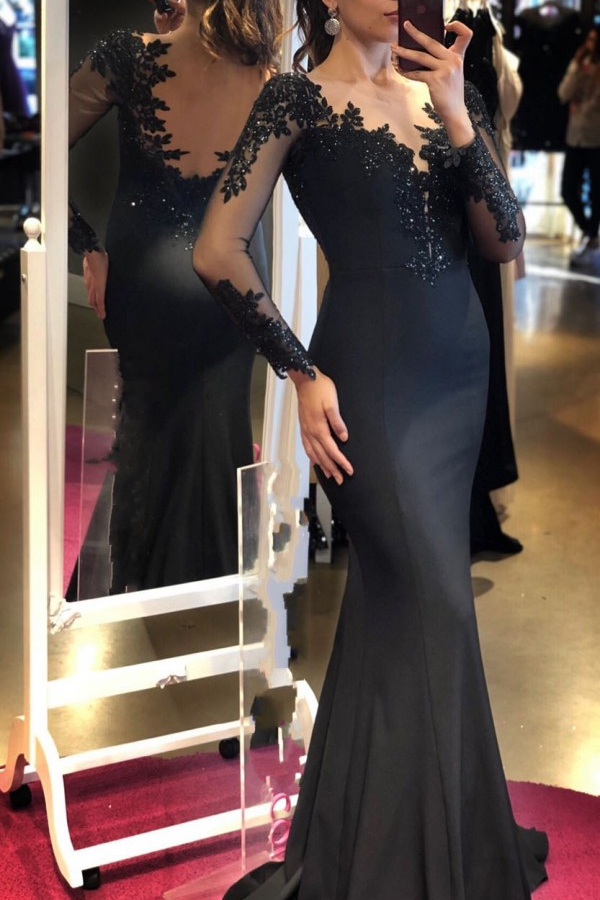 Black Long Sleeves V-Neck Mermaid Evening Dress