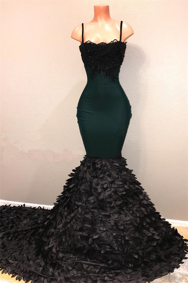 Black Mermaid Prom Dress Spaghetti Straps with Sweep Train