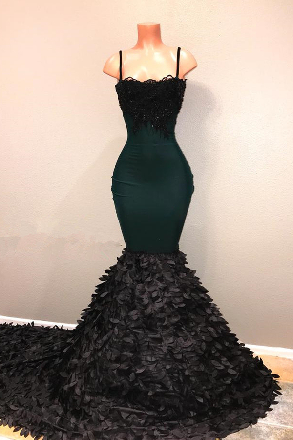 Black Mermaid Prom Dress Spaghetti Straps with Sweep Train