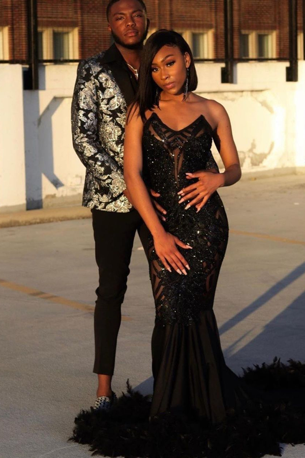 Black Mermaid Prom Dress Sweetheart Sequined Evening Dress