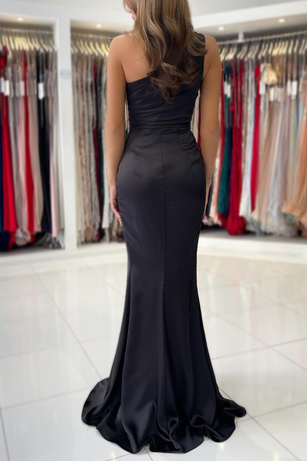 Black One-Shoulder Sleeveless Side Slit Evening Gown Floor-Length Simple Prom Dress