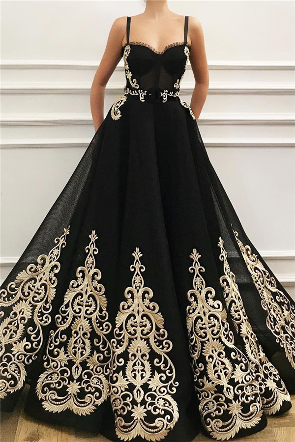Black Sweetheart A-Line Evening Dress with Golden Lace Appliques