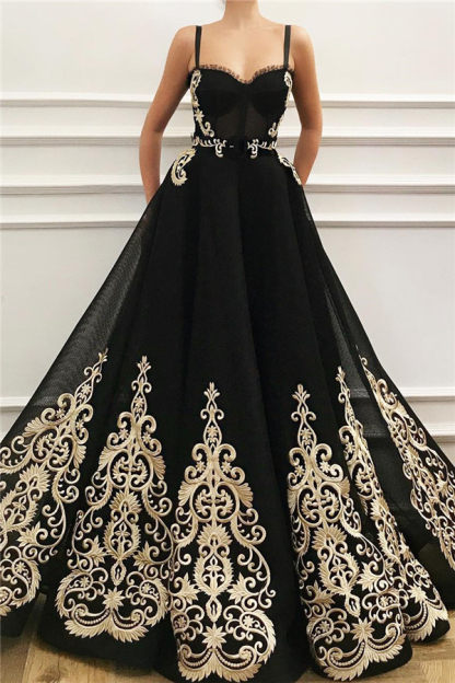 Black Sweetheart A-Line Evening Dress with Golden Lace Appliques