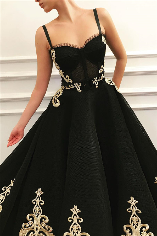 Black Sweetheart A-Line Evening Dress with Golden Lace Appliques