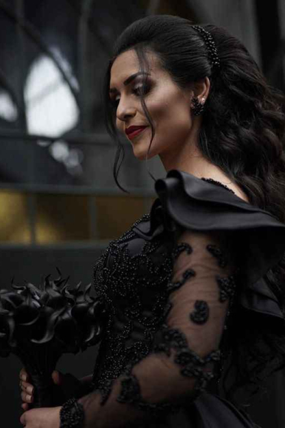 Black V-Neck Long Sleeve Ball Gown Wedding Dress