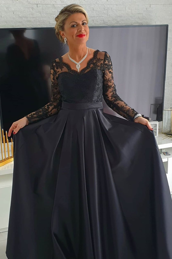 Black V-Neck Satin Lace Long Sleeve Evening Dress