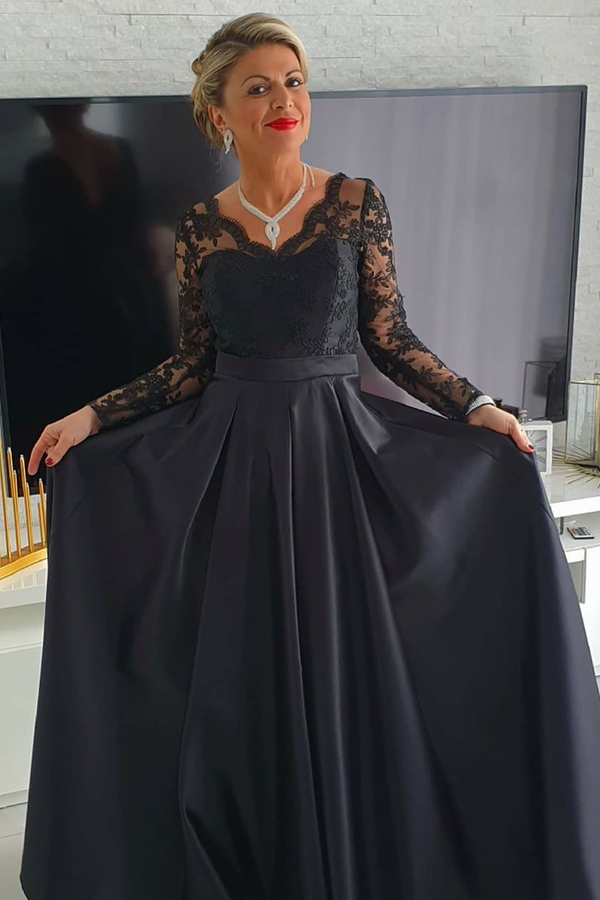 Black V-Neck Satin Lace Long Sleeve Evening Dress