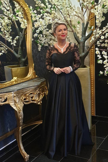 Black V-Neck Satin Lace Long Sleeve Evening Dress