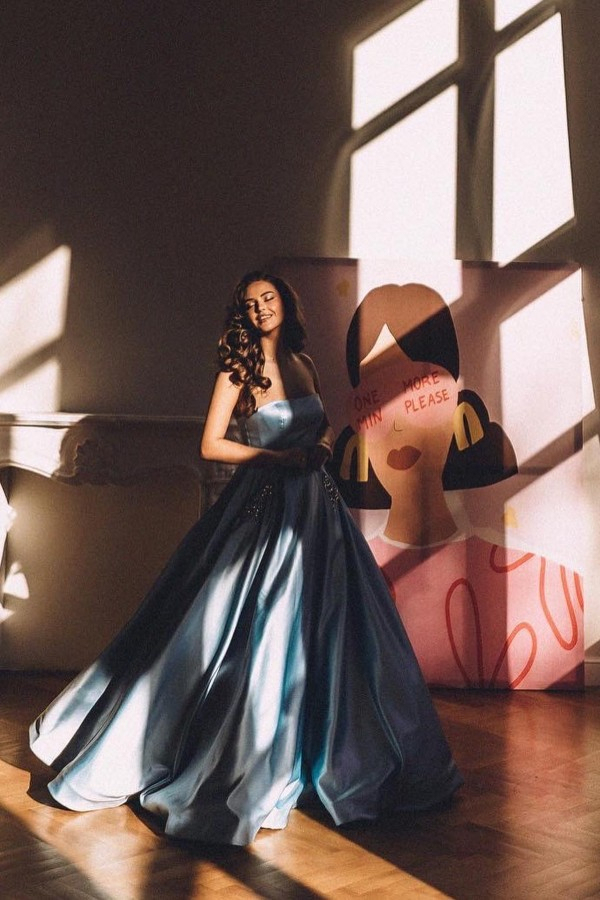 Blue A-Line Strapless Evening Dress | Affordable Satin Strapless Evening Dress