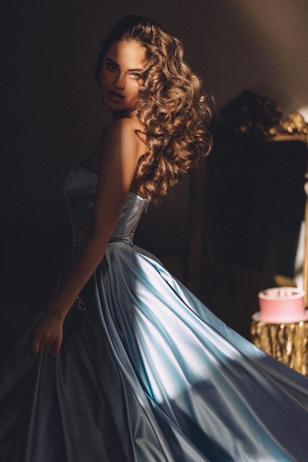 Blue A-Line Strapless Evening Dress | Affordable Satin Strapless Evening Dress