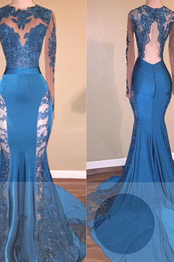 Blue Long Sleeve Evening Gown | Sheath Beaded Prom Dress with Overskirt
