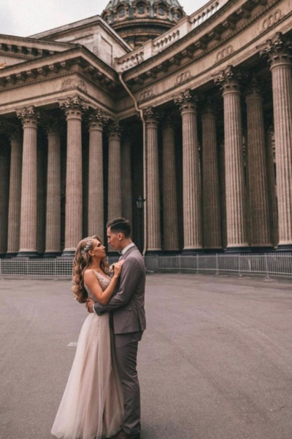 Boho Long V-Neck Tulle Wedding Dress with Side Slit and Lace