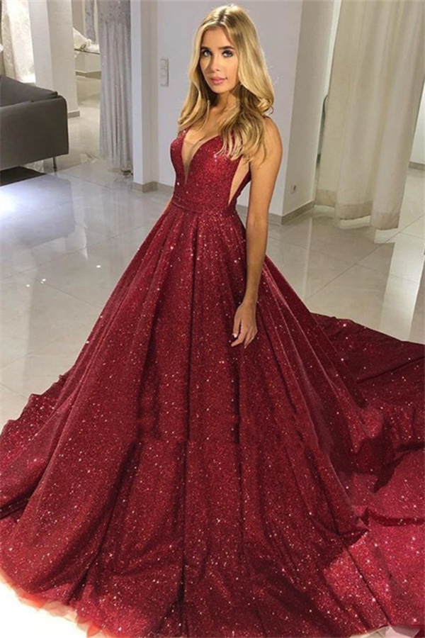 Burgundy A-Line Sequin Evening Gown | V-Neck Sleeveless Prom Dress
