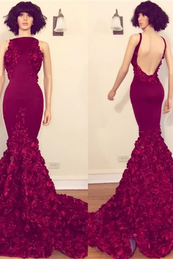 Burgundy Floral Backless Prom Dress for Juniors | Sleeveless Mermaid Evening Gown