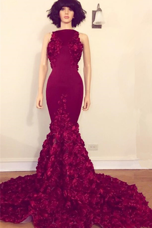 Burgundy Floral Backless Prom Dress for Juniors | Sleeveless Mermaid Evening Gown