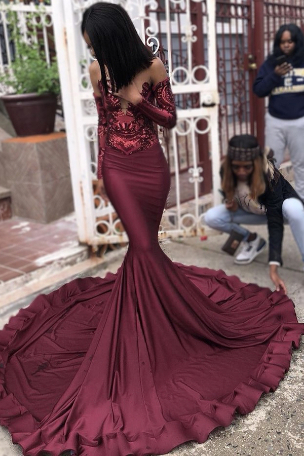 Burgundy Long Sleeves Mermaid Prom Dress | Charming Sequins Evening Dress