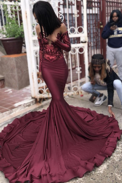 Burgundy Long Sleeves Mermaid Prom Dress | Charming Sequins Evening Dress