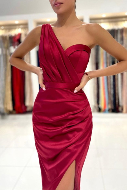 Burgundy Stretch Satin Slim Fit Prom Dress | One-Shoulder Party Dress with Front Split