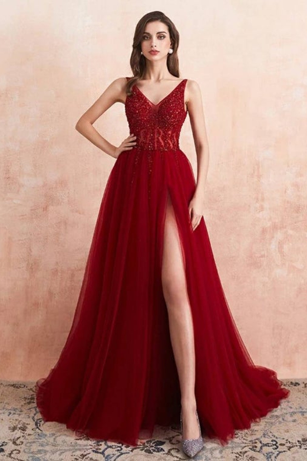 Burgundy V-Neck Beaded Tulle Appliques Prom Dress Luxury A-Line Side Split Evening Dress