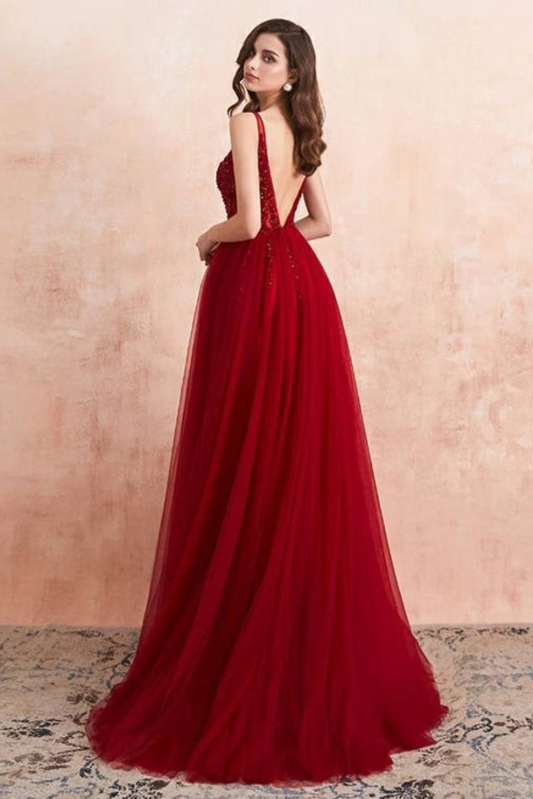 Burgundy V-Neck Beaded Tulle Appliques Prom Dress Luxury A-Line Side Split Evening Dress