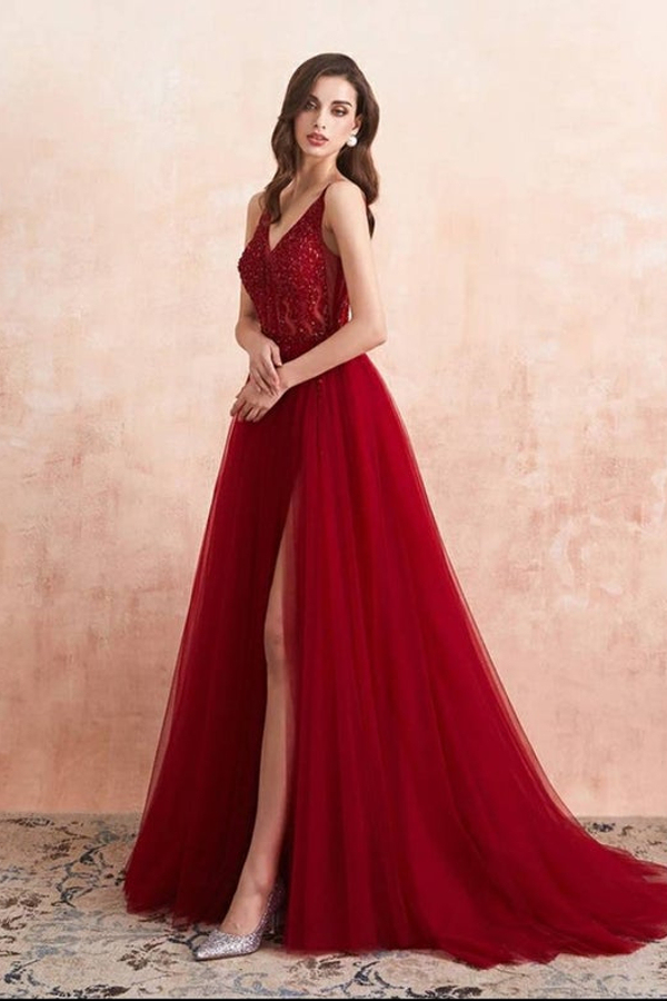 Burgundy V-Neck Beaded Tulle Appliques Prom Dress Luxury A-Line Side Split Evening Dress