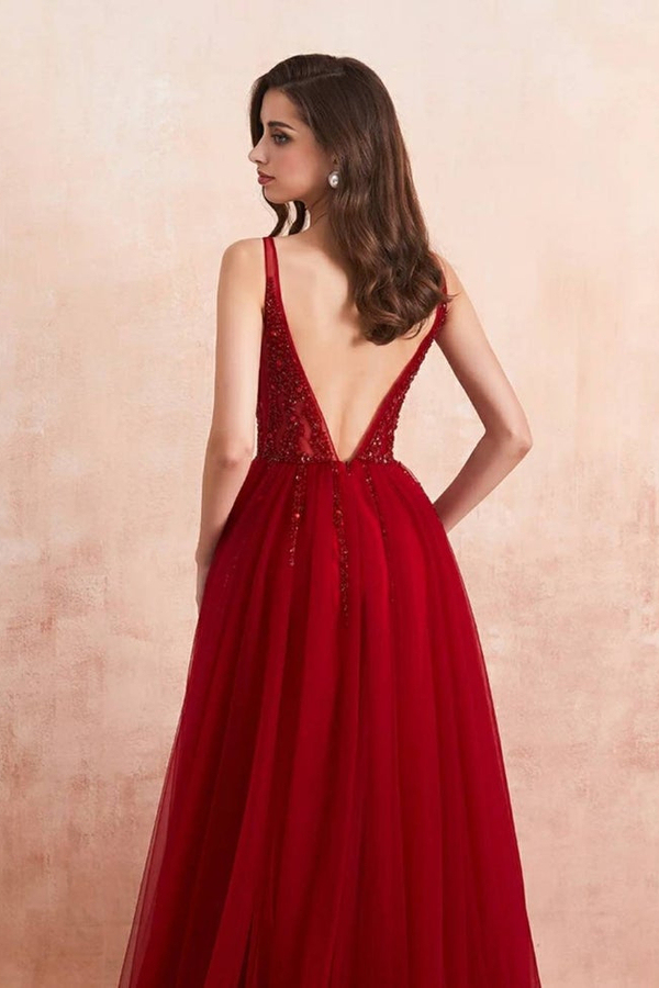 Burgundy V-Neck Beaded Tulle Appliques Prom Dress Luxury A-Line Side Split Evening Dress
