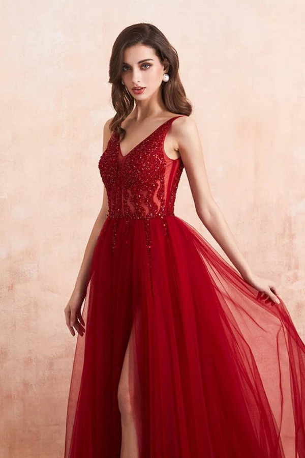 Burgundy V-Neck Beaded Tulle Appliques Prom Dress Luxury A-Line Side Split Evening Dress