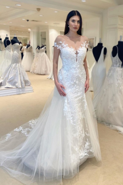 Cap Sleeve Illusion Neck White Lace Wedding Dress with Overskirt