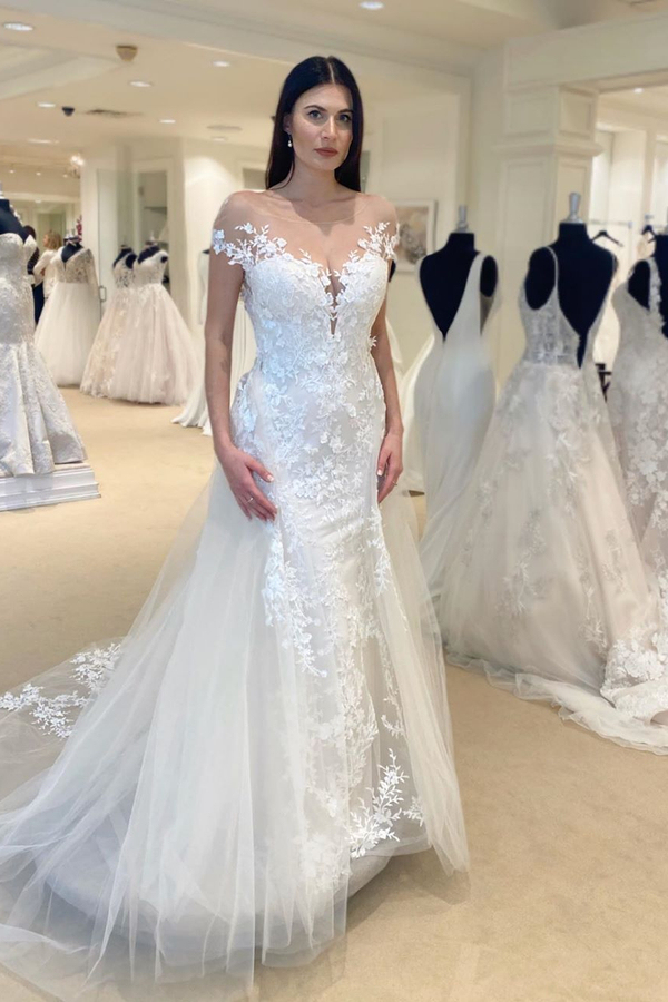 Cap Sleeve Illusion Neck White Lace Wedding Dress with Overskirt